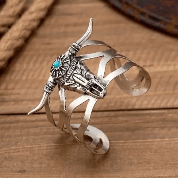 Western Turquoise Bull Head Cuff Bracelet - Picture 4 of 7